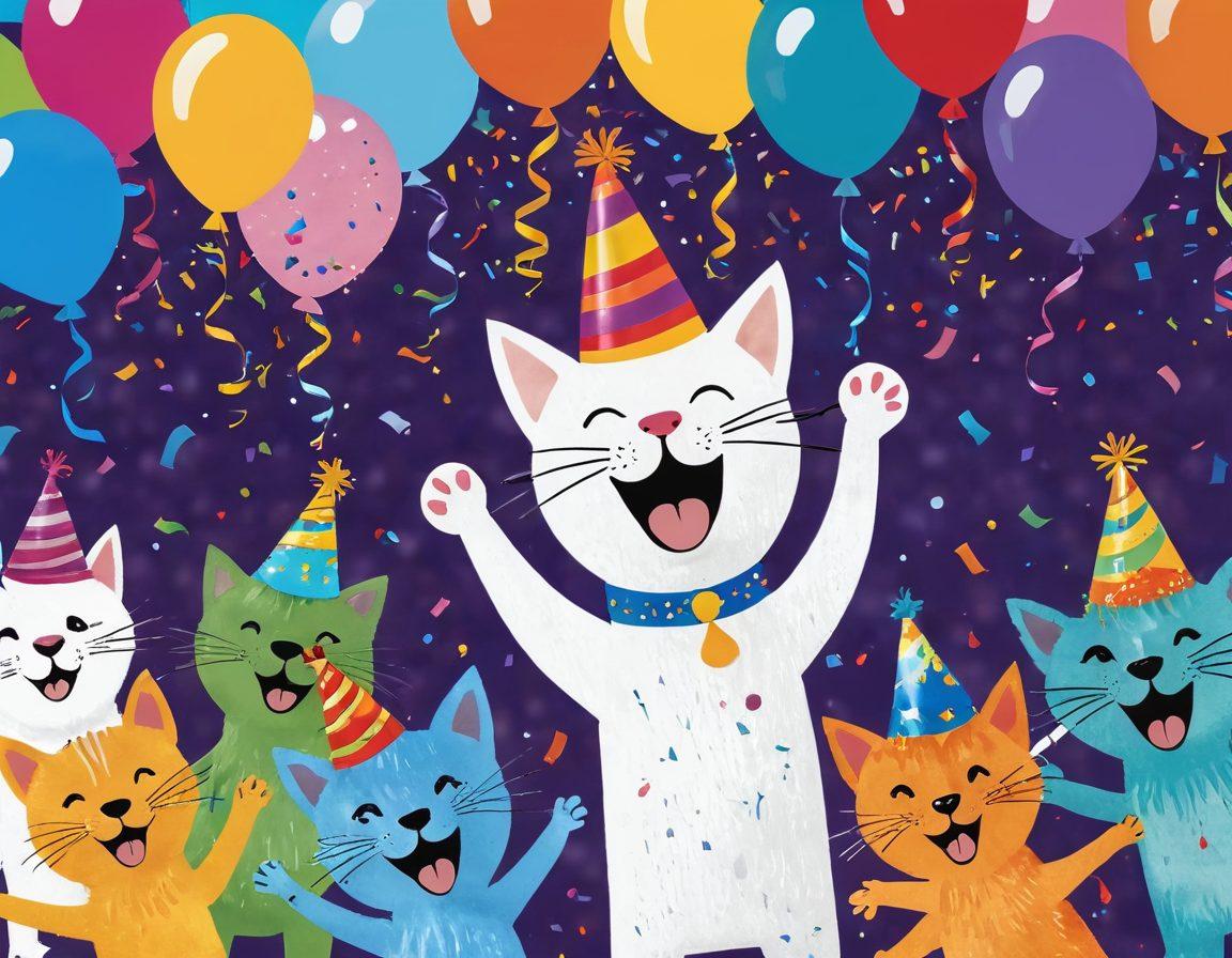 A whimsical collection of colorful greeting cards displayed, featuring playful characters like a laughing cat wearing a party hat, a dancing dog with balloons, and a goofy alien sending a funny message. The background is a cheerful party scene filled with confetti and streamers, emphasizing joy and humor. Each card showcases different fonts and styles, highlighting creativity and fun for all occasions. super-realistic. vibrant colors. white background.