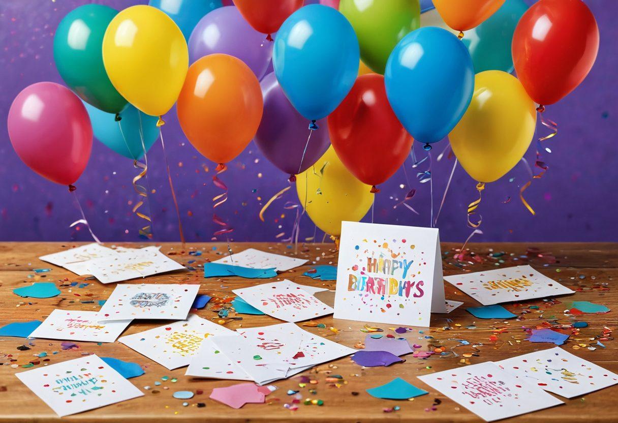 A vibrant and whimsical illustration of a collection of playful greeting cards scattered across a festive table, with balloons and confetti in the background. Each card should depict various joyful occasions like birthdays, weddings, and holidays, showcasing colorful designs and cheerful messages. The scene should feel lively and engaging, inviting the viewer to celebrate every moment. bright colors. playful art style. festive atmosphere.