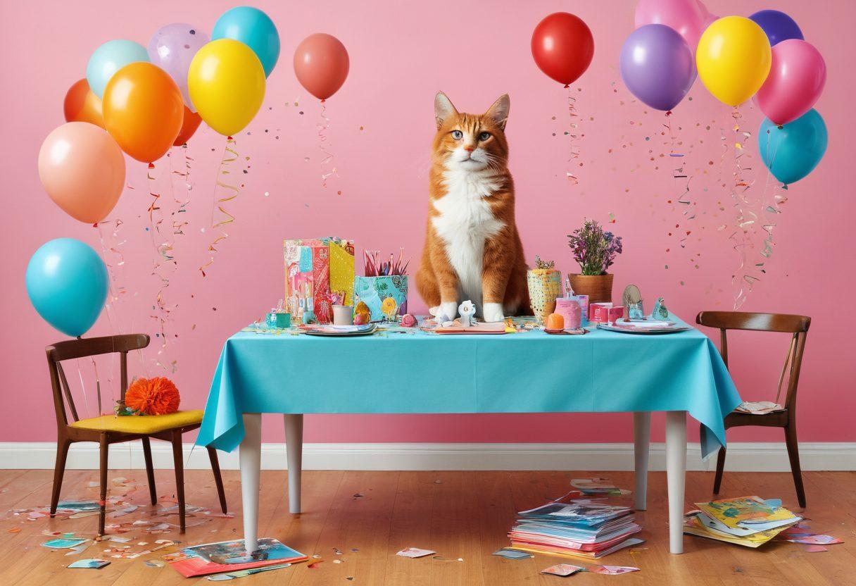 A whimsical showcase of humorous greeting cards scattered on a colorful table, featuring playful illustrations of animals and quirky quotes. Bright, cheerful colors, with a balance of traditional card design elements and modern artistic flair. Include a backdrop of lighthearted decorations like balloons and confetti to enhance the charm and wit of the cards. vibrant colors. playful illustration style.